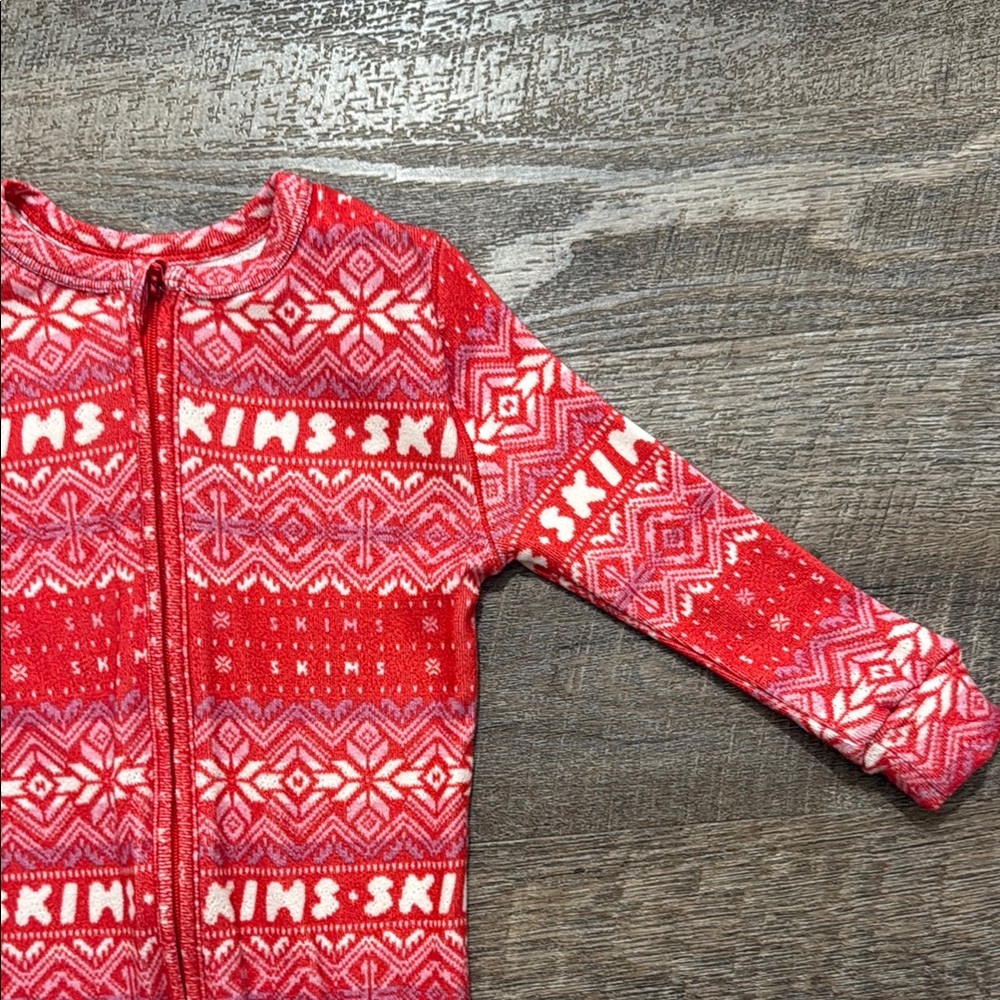 SKIMS Logo Plush Pointelle Footless Romper in Red Fair Isle Print - Picture 4 of 12
